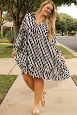 Apricot Abstract Print Collared V Neck Plus Size Mini Dress